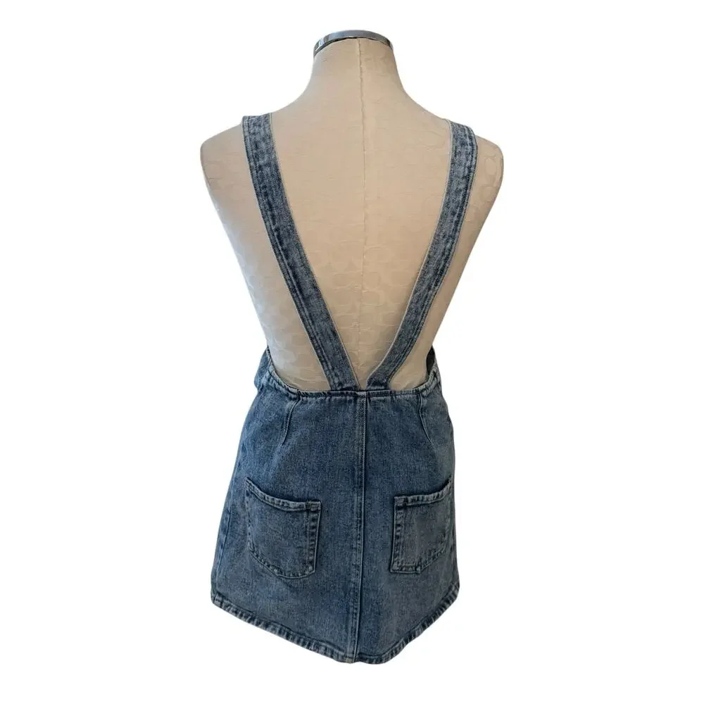 Pacsun Women Overall Blue Denim Zip Front Adjustable Strap Mini Dress Size Small